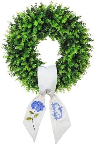 Vofuly Boxwood Wreath with Monogram Sash - 20 Inch
