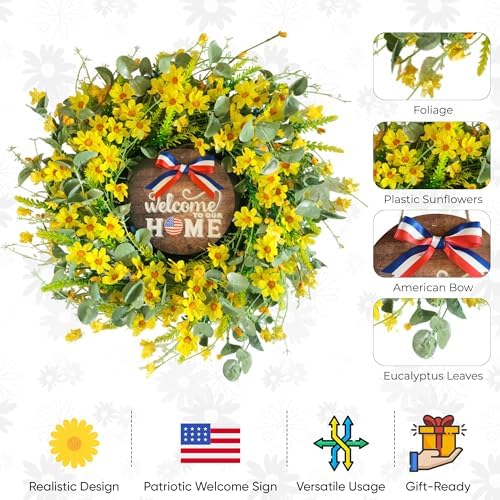 VYG Yellow Daisy Wreath 22 Inch Patriotic Welcome Sign