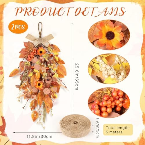 2 Pcs 24 Inch Artificial Autumn Teardrop Wreath