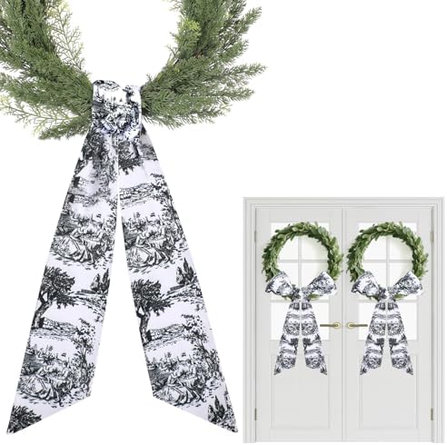 Black Wreath Sash for Front Door - 2 Pcs French Toile Accents for Home Decor