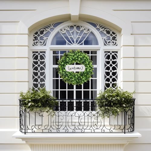 20 Inch Boxwood Wreath with Hello Sign for Front Door