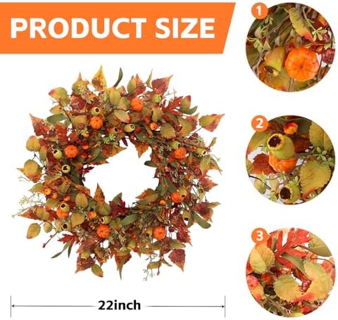 22 Inch Artificial Fall Wreath with Pumpkin and Maple Leaves