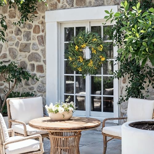 24 Inch Dried Flower Wreath with Yellow Babys Breath and Eucalyptus for Front Door