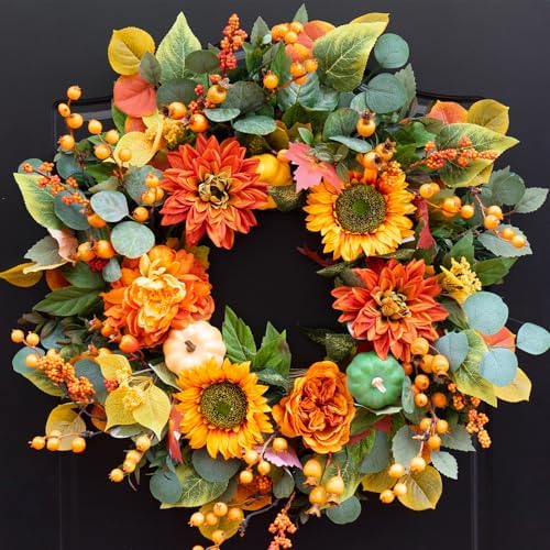 24 Inch Autumn Wreath with Sunflowers and Maple Leaves