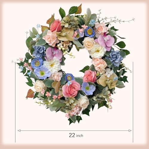 22 Inch Artificial Flower Wreath with Roses Orchid Gardenia Hydrangea