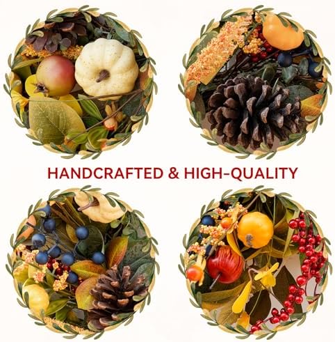 24 Inch Fall Wreath with Yellow White Pumpkins Red Berries Eucalyptus Pinecones