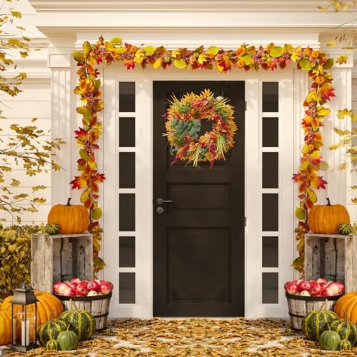 24 Inch Artificial Autumn Door Wreath with Green Bow and Maple Leaves