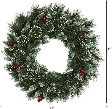 Nearly Natural 24in Frosted Swiss Pine Artificial Wreath with LED Lights and Berries