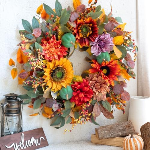 24 Inch Fall Door Wreath with Pumpkins and Berries