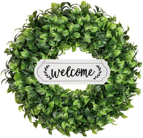 20 Inch Boxwood Wreath with Hello Sign for Front Door