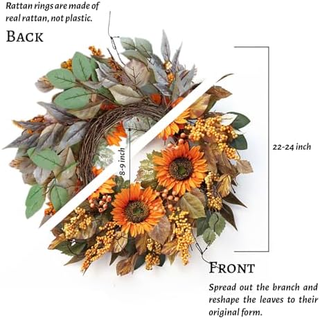 22 Inch Fall Door Wreath with Sunflowers and Leaves