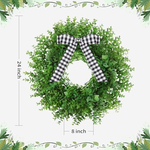 Artificial Boxwood Wreath with 3 Plaid Bows for Front Door