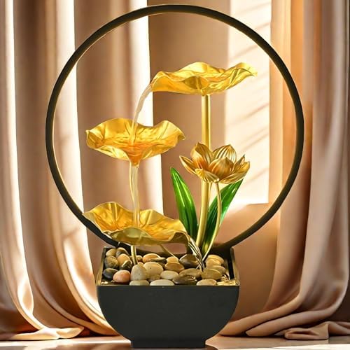 Gold Lotus Waterfall Fountain with LED Light USB Powered Tabletop Zen Fountain