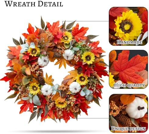 Fall Wreaths for Front Door 24 Inch Autumn Decor with Pumpkins Maple Leaves Wildflowers Berries