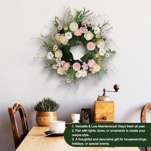 Pink Spring Summer Wreath for Front Door Decor