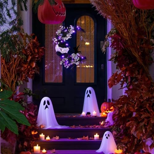 MyCoats 2025 Halloween Door Wreath with Black Cat Moon Light
