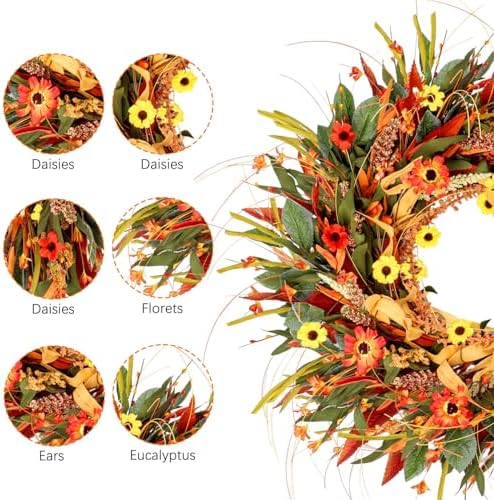 24 Inch Fall Wreath for Front Door Decor with Eucalyptus and Daisies