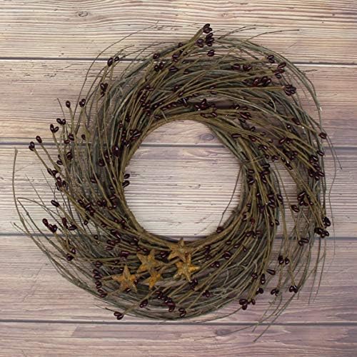 Primitives Rustic Wreath with Barn Stars and Berries 12 Inch Burgundy