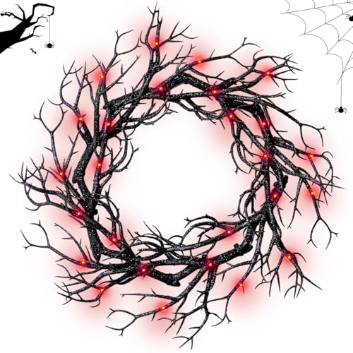 Halloween Black Branch Wreath with Light 165 Inch Artificial Hanging Decor