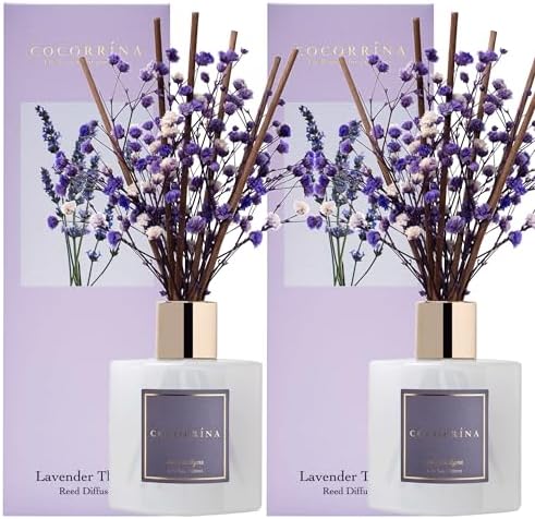 Cocorrina Premium Reed Diffuser Set with Preserved Babys Breath and Cotton Stick Lavender Thyme 2 Packs