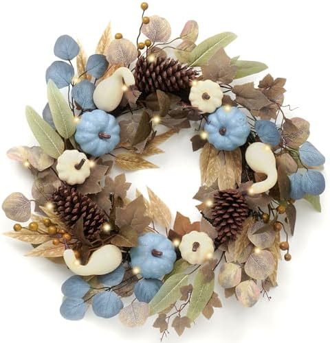 DECOR BY HANNAH 22 Inch Fall Wreath with Blue Pumpkin and Pinecone