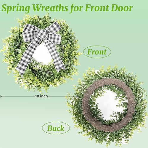 Yinfidee 18 Inch Artificial Green Boxwood Wreath with Buffalo Plaid Bow and LED Lights