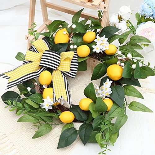 20 Inch Lemon Wreath for Front Door with Daisy Bow Eucalyptus Leaves and White Berries