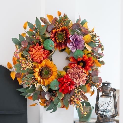 24 Inch Fall Door Wreath with Pumpkins and Berries