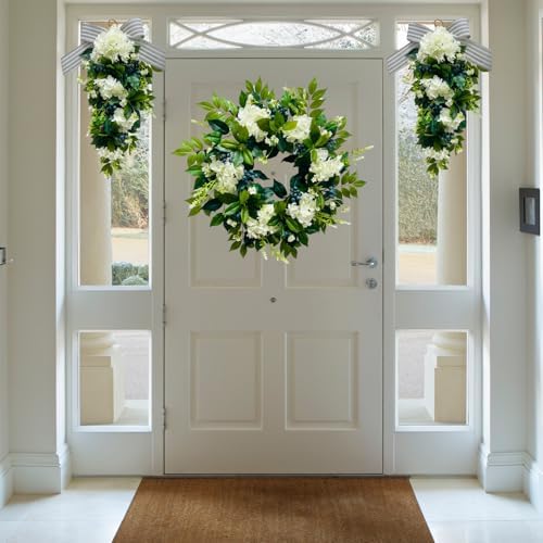 22 Inch Lighted Hydrangea Wreath with Timer for All Seasons