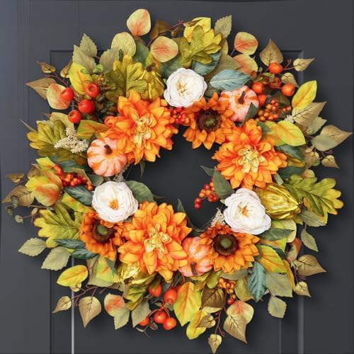 24 Inch Fall Wreath with Pumpkins and Berries