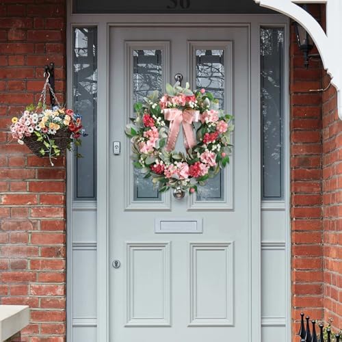 22 Inch Summer Wreath with Hydrangea and Lambs Leaves for Front Door Decor