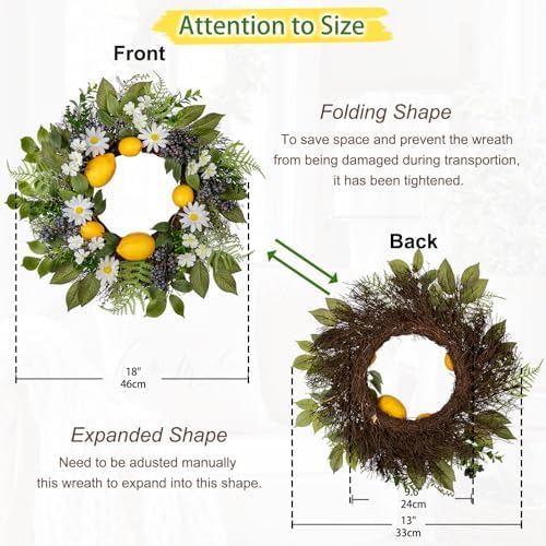 18 Inch Artificial Lemon Wreath for Front Door Summer Door Decor