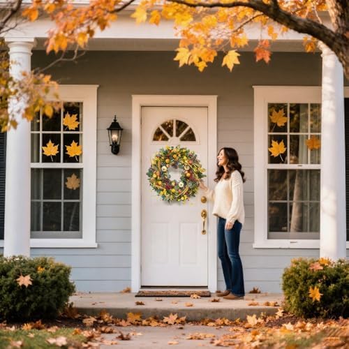 24 Inch Fall Wreath with Yellow White Pumpkins Red Berries Eucalyptus Pinecones