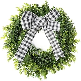 Yinfidee 18 Inch Artificial Green Boxwood Wreath with Buffalo Plaid Bow and LED Lights