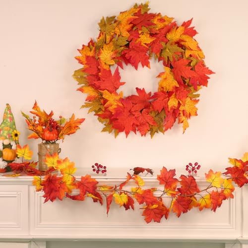 26 Inch Foldable Fall Wreath with Timer and Lights