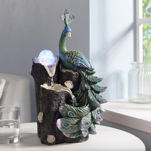Kalona 1339 Inch Imitation Peacock Fountain with RGB LED Lights and Glass Rotating Ball