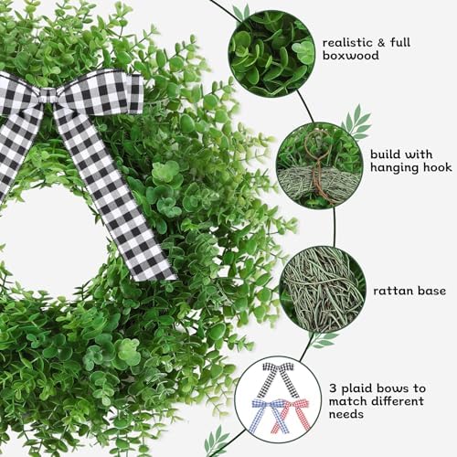 Artificial Boxwood Wreath with 3 Plaid Bows for Front Door