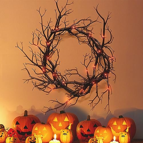 Glitter Black Branch Halloween Wreath with Red Lights