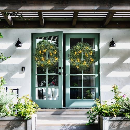 24 Inch Dried Flower Wreath with Yellow Babys Breath and Eucalyptus for Front Door