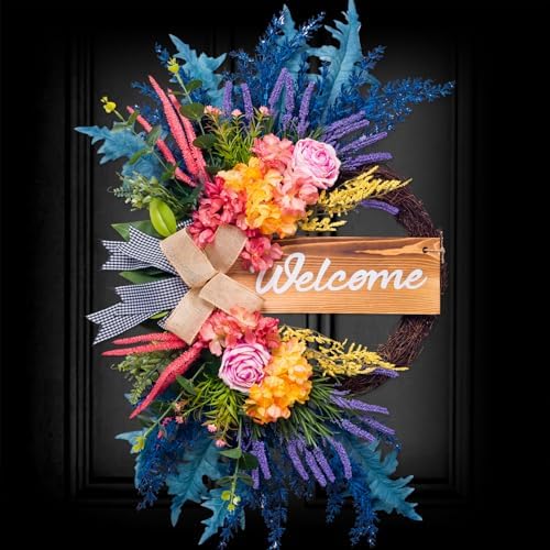 Welcome Sign Wreaths for Front Door Outside 22 Inch Artificial Farmhouse Decor