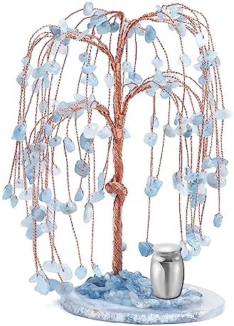 Milakoo Blue Tumbled Gemstone Money Tree with Stainless Steel Ashes Holder