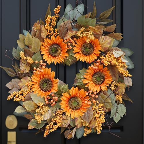 22 Inch Fall Door Wreath with Sunflowers and Leaves