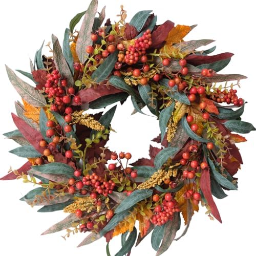 TEMPUS 22 Inch Fall Wreath Artificial Berry Willow Leaf Door Decoration