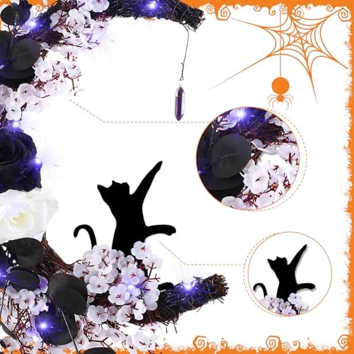 MyCoats 2025 Halloween Door Wreath with Black Cat Moon Light
