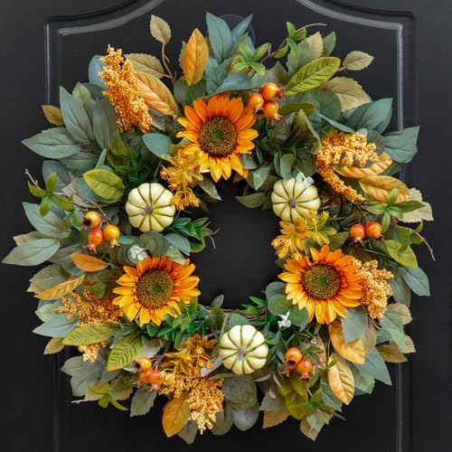 24 Inch Fall Wreath with Sunflowers and Pumpkins