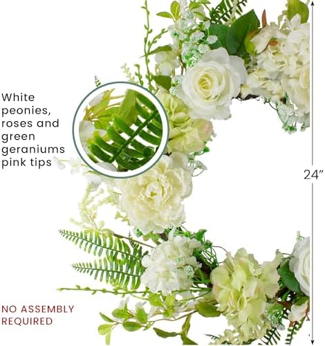 Northlight Peony and Rose Artificial Spring Wreath 24-inch White Green