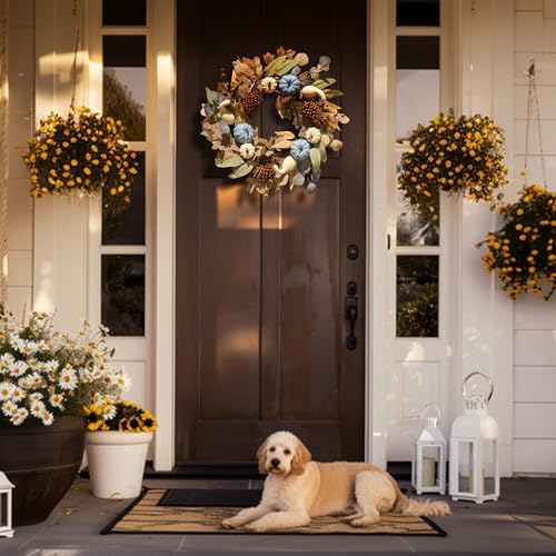 DECOR BY HANNAH 22 Inch Fall Wreath with Blue Pumpkin and Pinecone