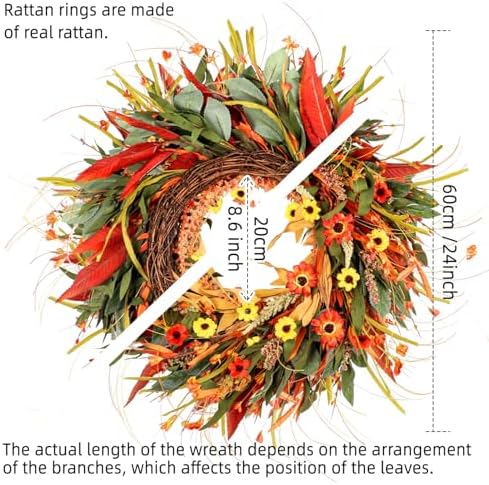 24 Inch Fall Wreath for Front Door Decor with Eucalyptus and Daisies