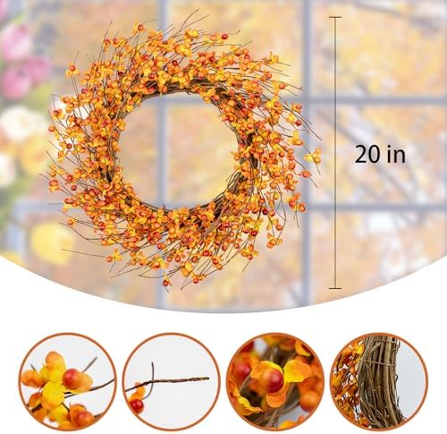 20 Inch Artificial Fall Wreath for Front Door Autumn Decor