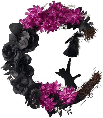 JOYIN Halloween Black Moon Wreath with Black Cat